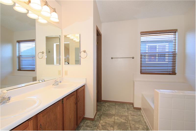 5-piece master bathroom with double vanity, updated lighting, and new medicine cabinets